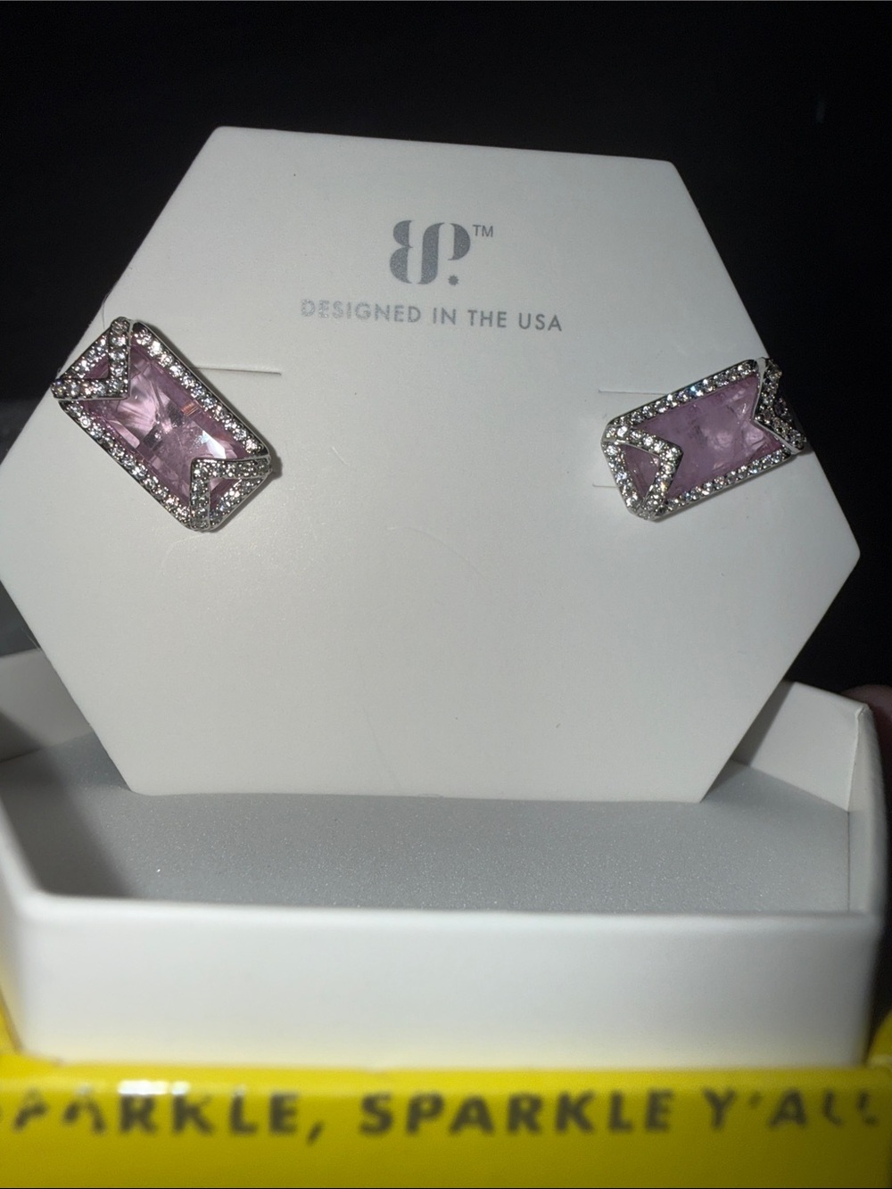 bp Pink Crystal Rectangle Stud Earrings with Silver-Tone Rhinestone Edge